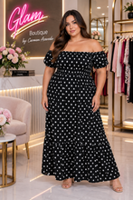 Load image into Gallery viewer, Polka Muse Off-Shoulder Maxi Dress