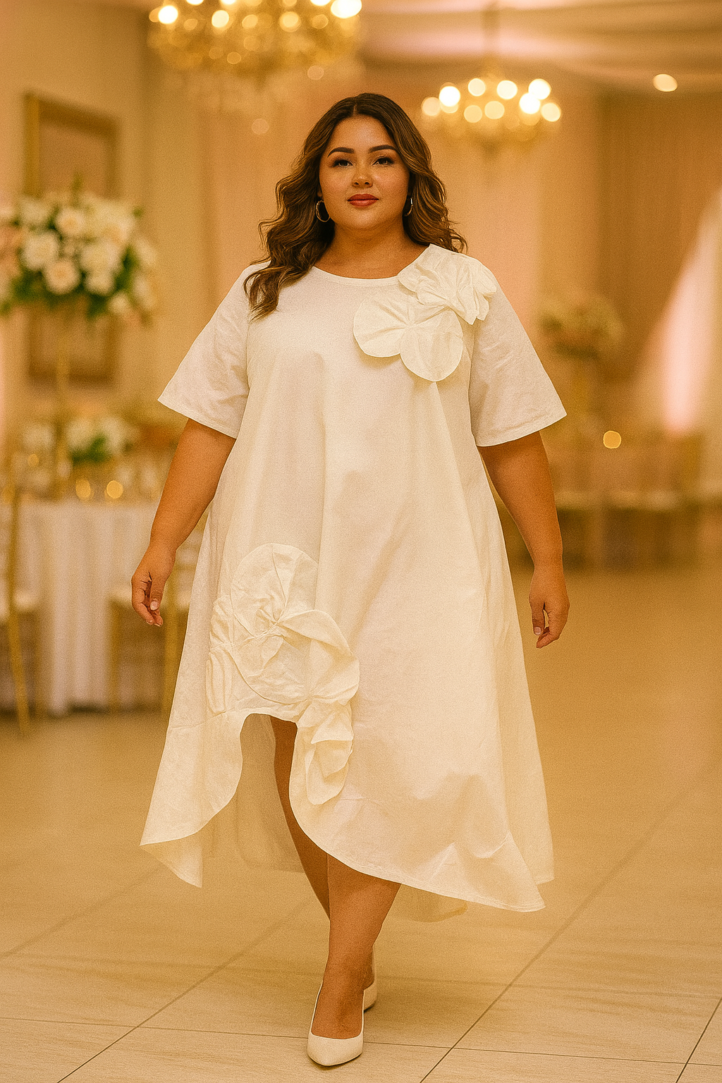 White Flower Details Midi Dress