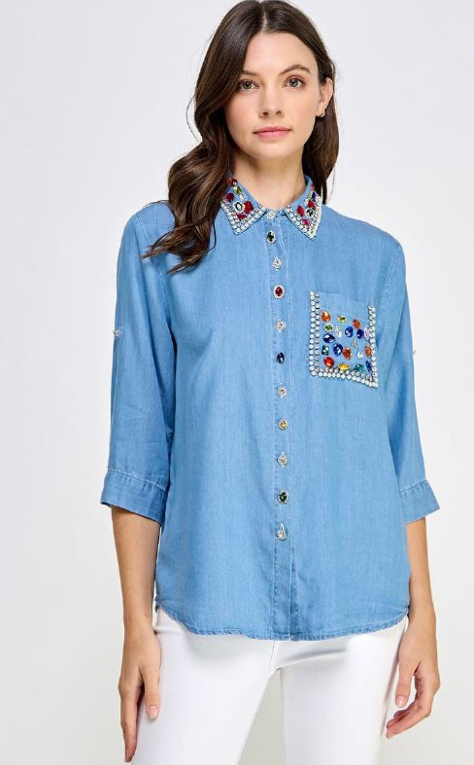 Gems Button Down Jean Blouse