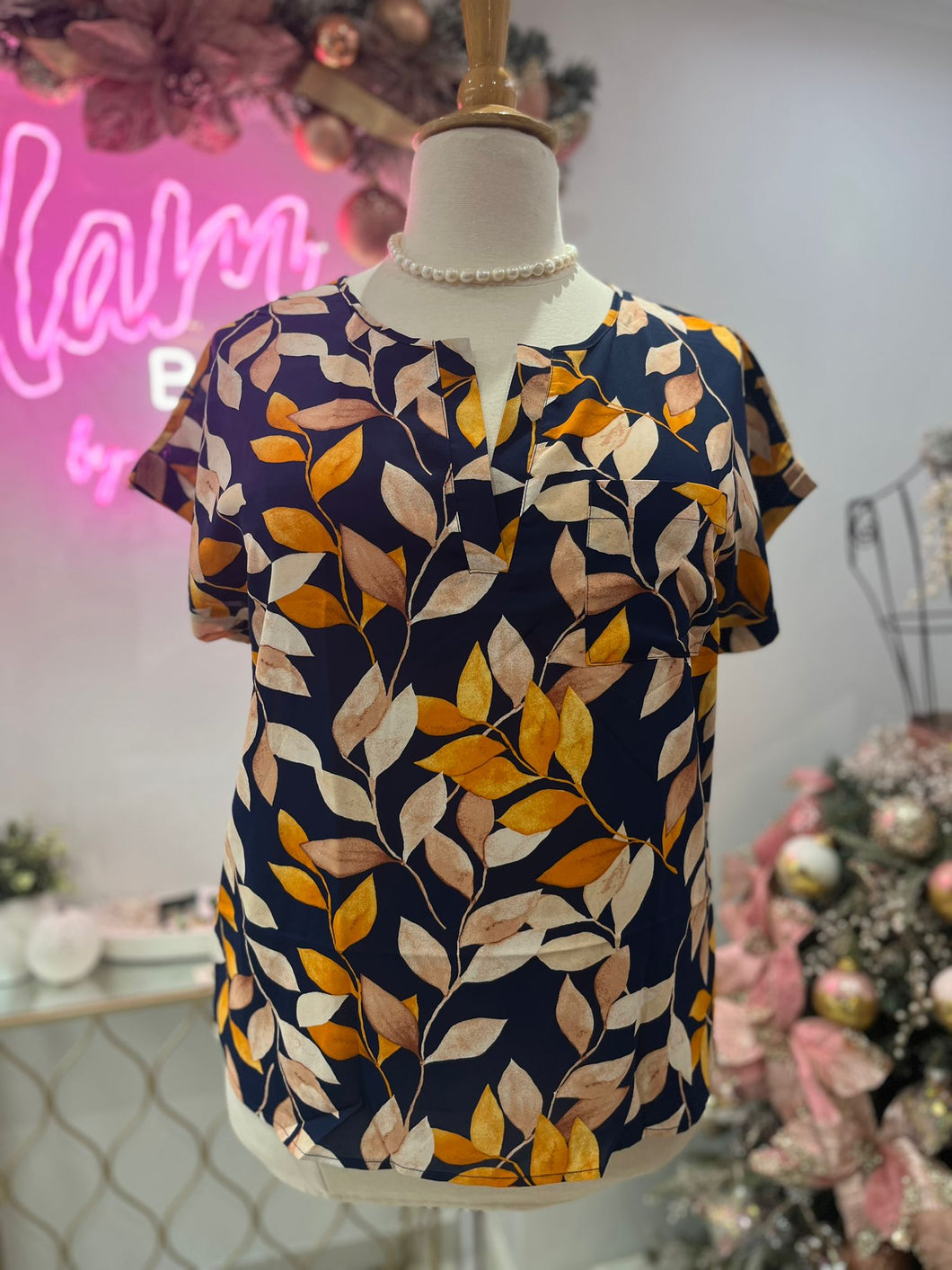 Short Sleve Navy Printed Blouse