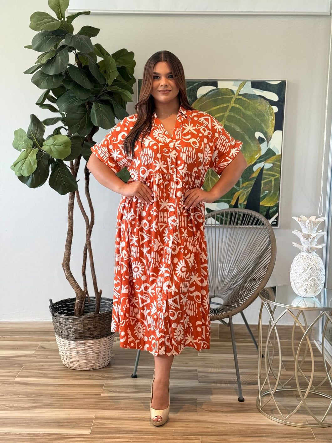 Rust Midi Printed Dress