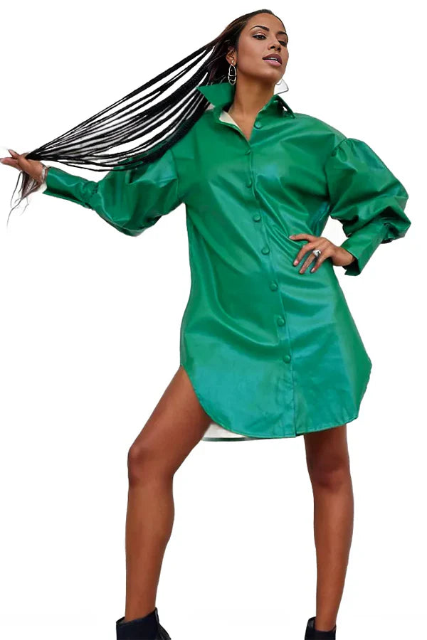 Green Faux Leather Shirt Dress